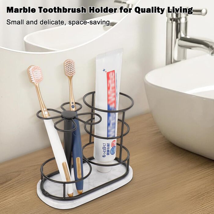 HarJue Toothbrush Holder for Bathroom, Metal Toothbrush Organizer with Marble Base, Toothbrush Storage Collection for Family, Suitable for Home, Hotel, Countertop, Vanity (Matte Black, Medium)