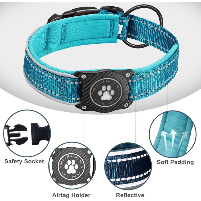 Світловідбиваючий нашийник для собак AirTag, водонепроникний, для середніх та великих собак, розмір M (35.5-44 см), блакитний