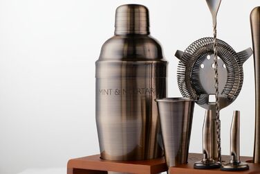 Набір для коктейлів Mint&Mortar 7 шт. з бамбуковим підставкою, з нержавіючої сталі, барменський набір з інструментами для дому та професійного використання, 680 мл, міксер (чорний) з щіткою золота