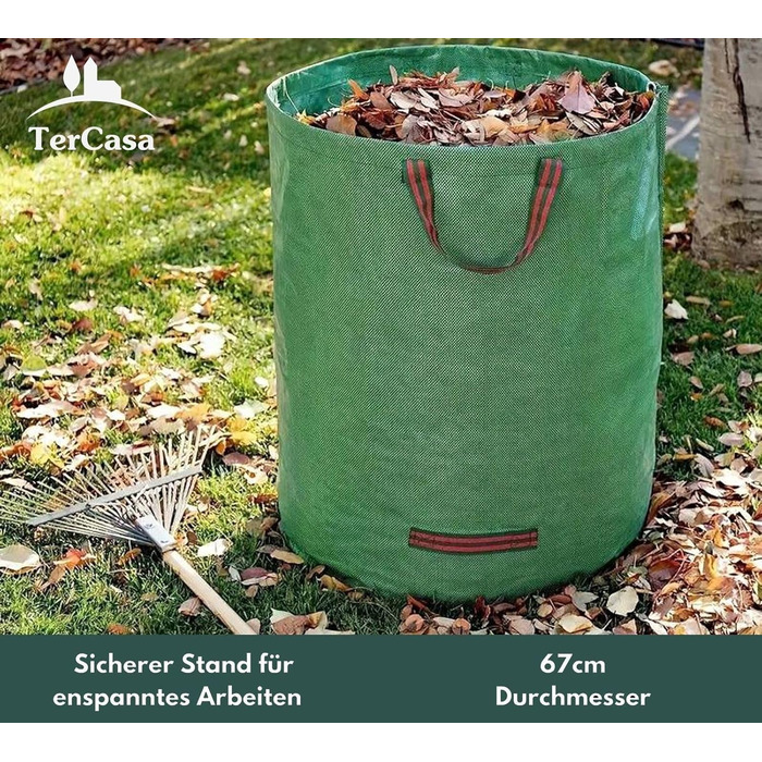 TerCasa Garden Sack 4-Pack, Waste Sack 272 L, Garden Waste Sack Height 76 cm, Ø 67 cm, Sack for garden waste made of tear-resistant polypropylene fabric, with reinforcing ring and 4 handles, green