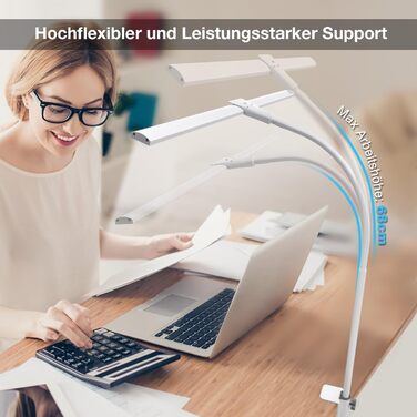 LED лампа настільна для офісу та дому, світло для монітора, 1400 люмен, регульована яскравість, кріплення-прищіпка, світло для робочого місця, гнусий шийка, подвійний насадка, 5 режимів кольору та рівнів яскравості, білий колір, 64 см