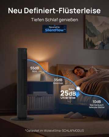 Тихий вежний вентилятор з пультом дистанційного керування 25dB, 40W, 4 режими, 75° осциляція, таймер 12 годин, висота 93 см