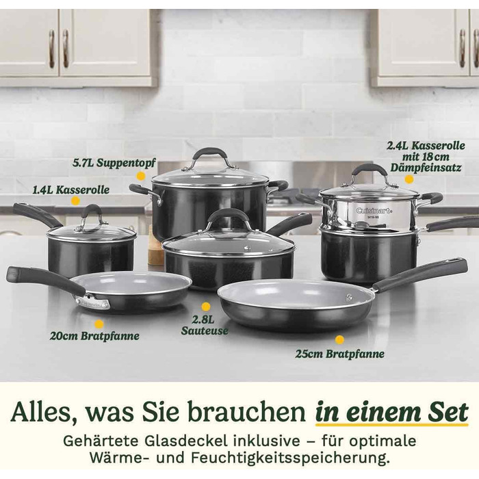 Набір посуду Cuisinart Ceramica XT: 11 предметів | Каструлі, сковорідки, суповарка, сотезник, пароварка | Керамічне покриття з титановим підсиленням | Без PTFE, PFOA та PFAS