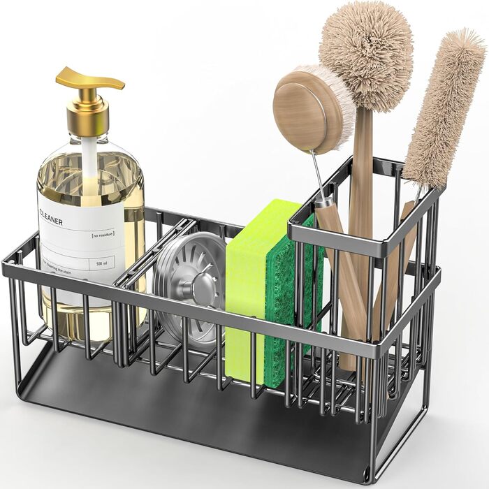 Cisily Kitchen Sink Caddy Organizer with Tall Brush Holder, Sponge Holder for Sink, 304 Stainless Steel, Kitchen Countertop, Soap Dispenser, Organizer, Kitchen Decoration and Accessories