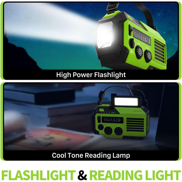 Радіоприймач FosPower NOAA/AM/FM з Power Bank 19240 мАг (5200 мАг) – сонячна/USB зарядка, ручний генератор, SOS-сигнал, ліхтарик, зелений