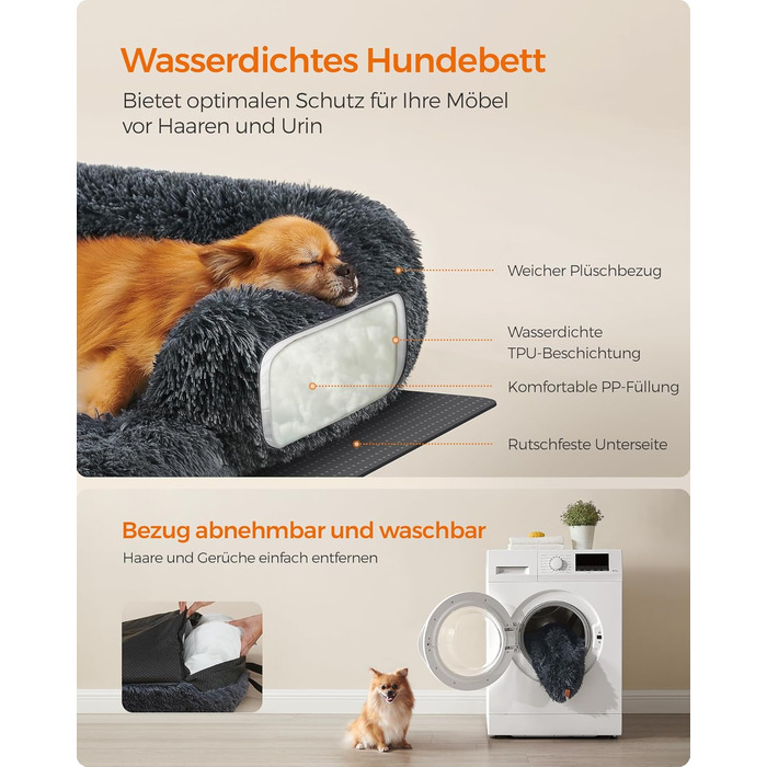 Feandrea FluffyHug Dog Bed, Plush, Dog Blanket Sofa, Sofa Protector Dog, Dog Cushion, Size M, for small and medium-sized dogs, 80 x 75 x 16 cm, dark grey PGW221G02