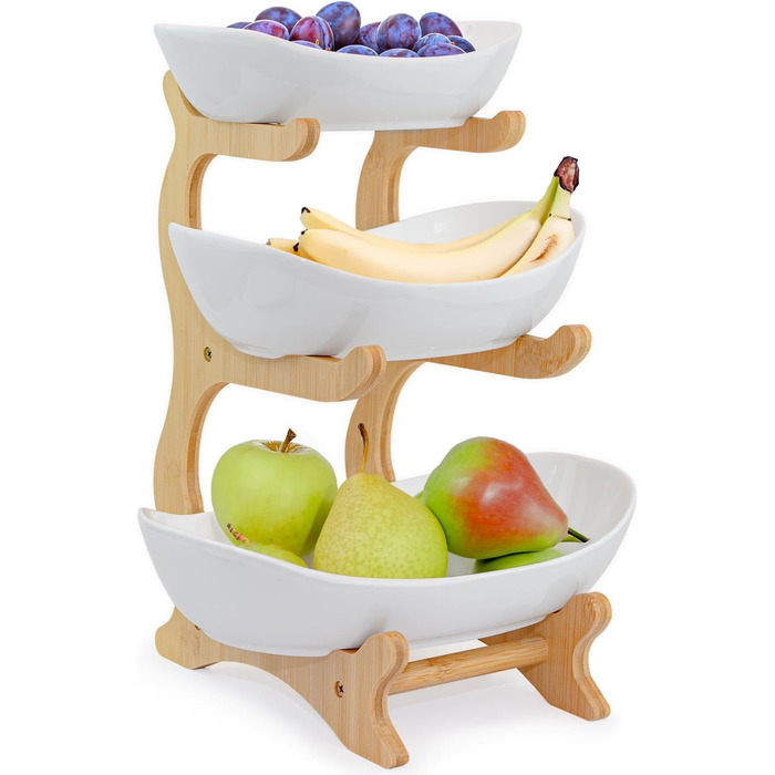 Dimono® Етажерка для сервірування: 3-ярусна етажерка для подачі їжі з керамічних мисок та бамбукового підставки. Ідеально для десертів, фруктів, овочів та солодощів.