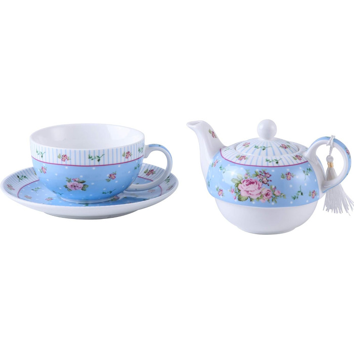 London Boutique Teapot and Cup, Vintage, Viktoria, Porcelain, in Gift Box, Ceramic, 15x15cm (Blue)