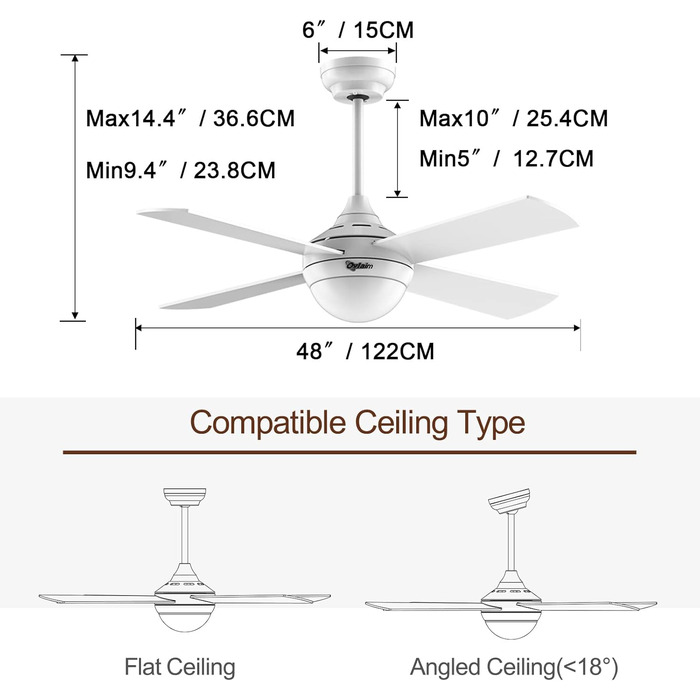 Стеляний вентилятор Ovlaim 122 см з регульованою LED-підсвіткою та пультом дистанційного керування, коричнева лампа, 6 швидкостей вітру, DC мотор, тихий для спальні/тераси (білий)
