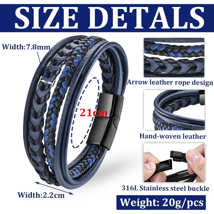Чоловічий шкіряний браслет ручної роботи, коричнево-блакитний, 21 см, ідеальний подарунок на День батька, чоловічий аксесуар