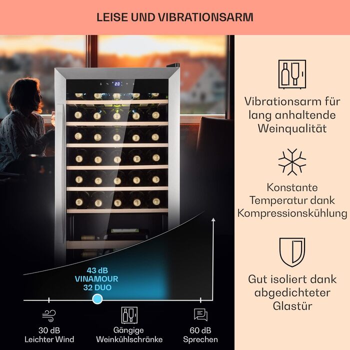 Klarstein Freestanding Wine Cooler - Compact Beverage Refrigerator with Dual Zone & Glass Door - Indoor/Outdoor Beersafe - LED Lighting - 5-18°C - 33 Bottle Capacity