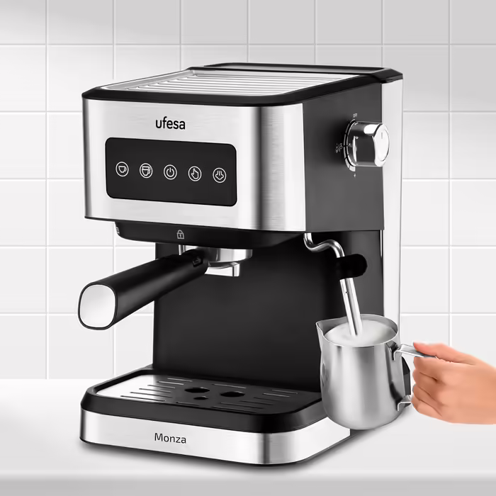 Ufesa Sienna Espresso Machine and Cappuccino Portafilter Machine with Milk Frother, 20 Bar Pressure, Digital Touch Panel, 1360W, for Ground Coffee or ESE Pads, 0.9L Water Tank, Silver (1050W | INOX)