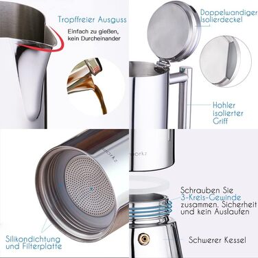Easyworkz Diego Espresso Maker for Stove, Stainless Steel, Italian Coffee Machine, Moka Pot for 6 Cups, 300 ml Espresso Pot for Induction Silver