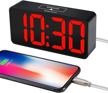LED годинник-будильник Eachui з USB-зарядкою, великий дисплей, регулювання яскравості та гучності, функція відкладання, 12/24 год, цифровий годинник, живлення від мережі (чорний & білий), червоний