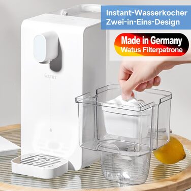 Hot water dispenser, instant water dispenser, filtered and heated water dispenser. Includes 3 filter cartridges. Filters water to reduce limescale, chlorine, lead, and copper in tap water.