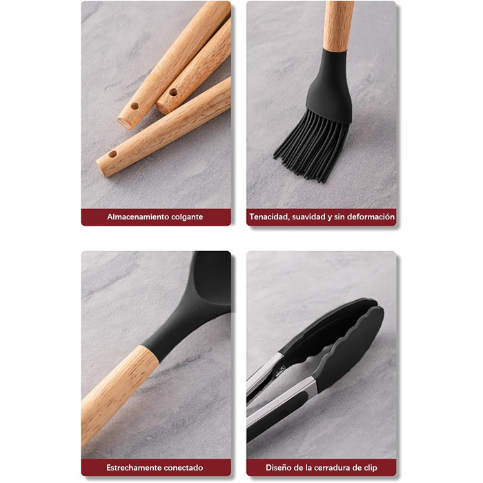 Набір кухонних аксесуарів, 12 шт. - кухонне приладдя з силікону з дерев'яною ручкою, BPA Free, з отвором для підвішування (чорний)