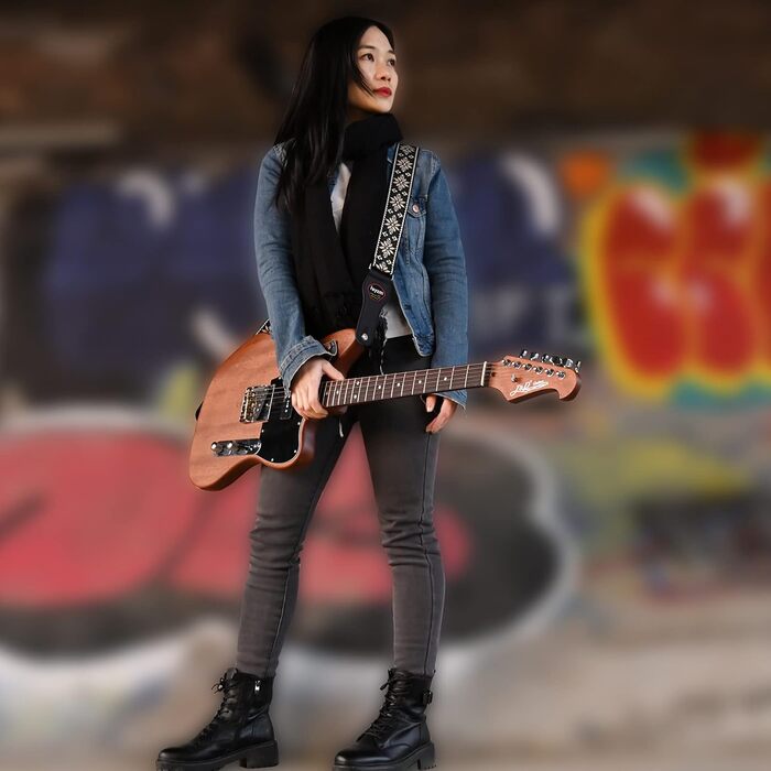 Гітарний ремінь Rayzm з візерунком жакарду, бавовняний, для акустичної та електрогітари, басу, з тримачем для медіатора, металевий бугель 5 см, регульована довжина