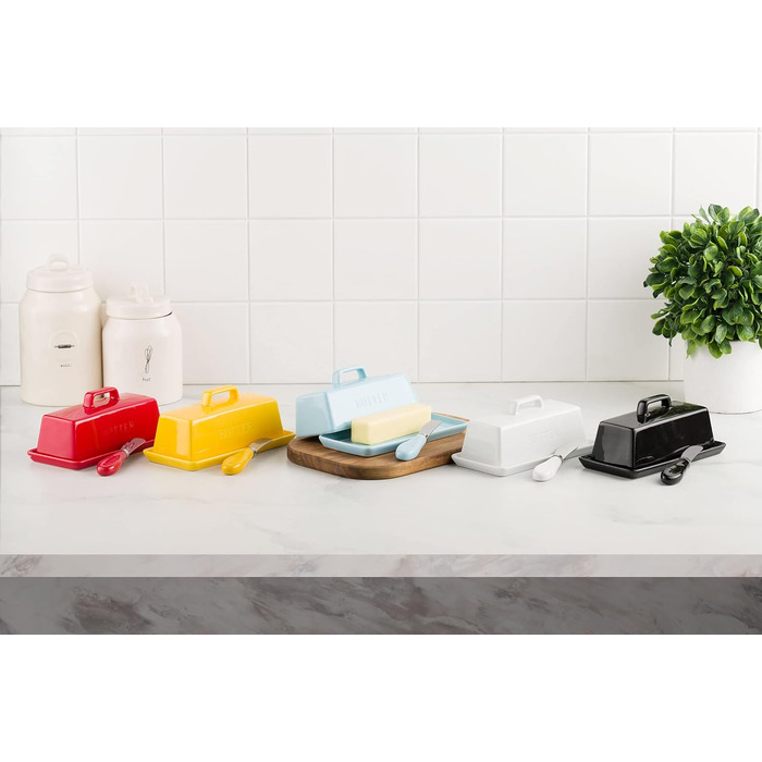 Ceramic Butter Dish Set with Lid and Knife – Black – Decorative Butter Crock Holder for 1 Butter – Microwave Safe, Dishwasher Safe – Includes Scratch-Free Stickers
