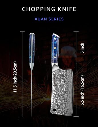 Ніж кухарський Sanmuzuo Hackmesser 17 см, професійний, Дамаск, серія Xuan, VG10 сталь, ручка з епоксидної смоли (сапфірово-блакитна)