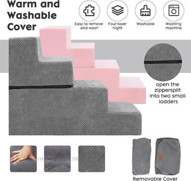 Сходинки для собак маленьких порід, 4 сходинки, 44 см, знімні, миючіся, з м'якого пінополіуретану, антиковзні, для ліжка/дивану/автомобіля