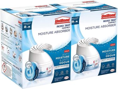 Unibond Aero 360 Compact Moisture Absorber, ultra-absorbent dehumidifier helps prevent condensation and musty odors, 1 unit included with 1 refill tablet 450 g in each box, bulk pack