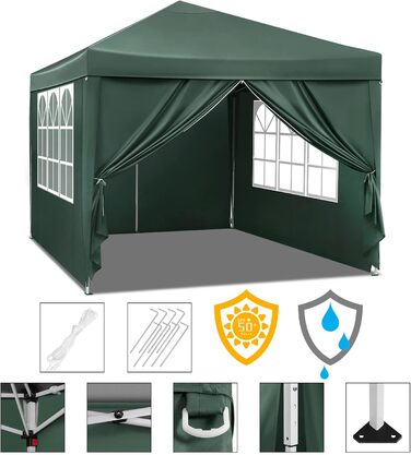 Павільйон WOLTU Pop-Up водонепроникний складаний тент 3x3 м із боковинами, металевий каркас, оксфорд, для саду, тераси, кемпінгу, фестивалів, зелений