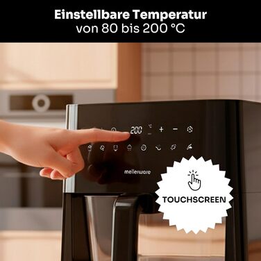 Фритюрниця без олії MELLERWARE 1450W з скляним контейнером 4.5L, 9 програм, сенсорний дисплей, 80–200°C, таймер 60 хв, для миття в посудомийній машині