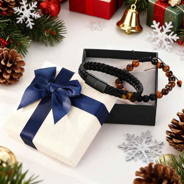 Чоловічий браслет з натуральної шкіри, чорний, плетений, з магнітною застібкою (2 шт.)