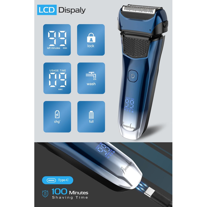 Електрична бритва чоловіча з 3 гнучкими лезами та тримером, синя. Бритва для вологого та сухого гоління, з кейсом для подорожей, акумуляторна, 120 хв роботи. Подарунок для чоловіків