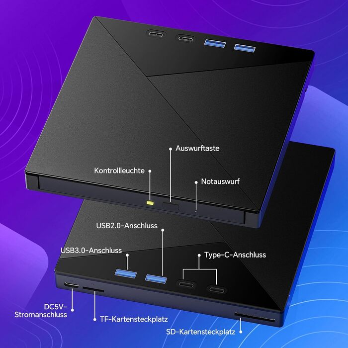 Зовнішній CD/DVD привід та записувач USB-C & USB-A з картридером TF/SD для ноутбука, Windows, Mac OS, Linux