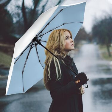 Зонт від сонця та дощу, 42/46 дюймів, штормостійкий, з 8 ребрами, для чоловіків та жінок (срібний/блакитний)