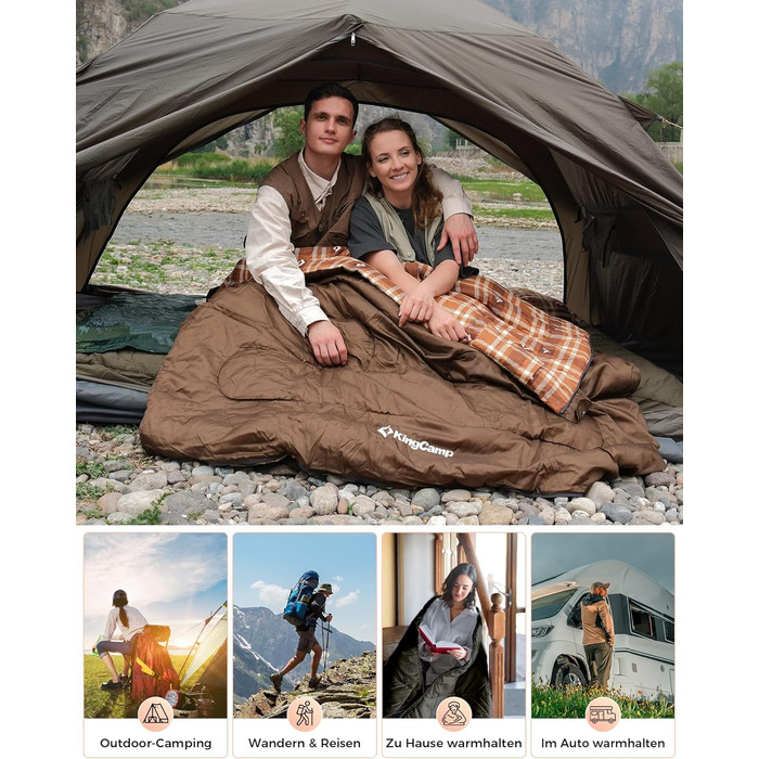 Спальний мішок KingCamp для 2 осіб з фланелі, зимовий, теплий, 3-4 сезони, з 2 подушками, для кемпінгу, подорожей та активного відпочинку на природі