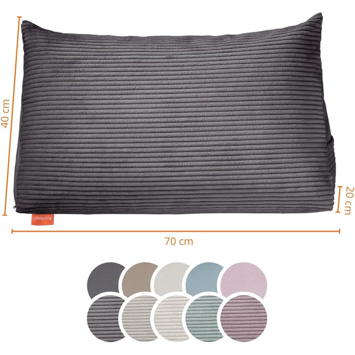 Підголовник для спини Sleepling з тканини Cord, трикутна подушка для ліжка та дивана, підтримка попереку, подушка для читання, пляжний килимок, знімний та пральний чохол, бічне кишеню, 70 x 40 x 20 см, темно-сірий