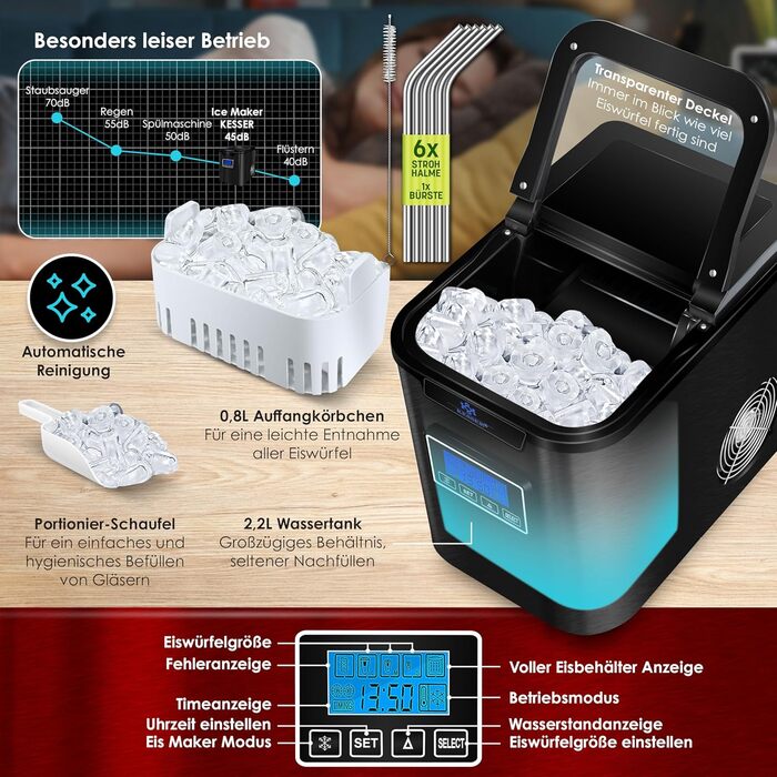 Машина для приготування льоду KESSER® з нержавіючої сталі, 150W, 12 кг/24 год, 3 розміри кубиків, таймер, LCD-дисплей, чорний