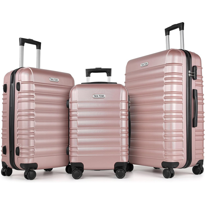 Чемодан великий, жорсткий ABS, з телескопічною ручкою, 4 колеса (360°), кодовий замок, набір (56/66/76 см), Рожеве золото