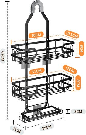 FOXWHALE Shower Shelf - Hanging Shower Rack with Razor Holder & Soap Holder and Multiple Hooks, Black, No Drilling Hanging Shower Basket for Bath Bombs, Towel, Bath Brush