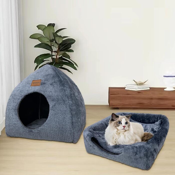 Кішка-будиночок для дому: затишне ліжко-печера для котів з м'яким знімним подушкою, 40x40x35 см, темно-синій
