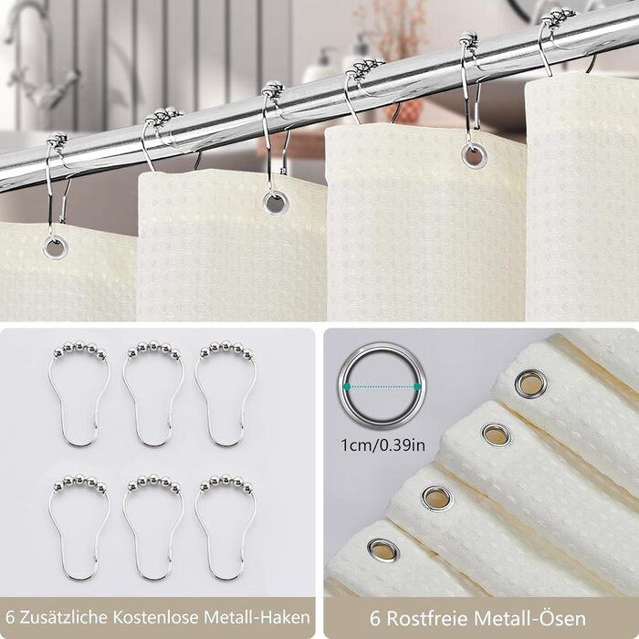 Шторка для душу Waffel з тканини поліестер, 183x183 см (зелена), з 12 кільцями, вологостійка, для ванни та душу