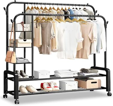 Clothes rack, clothes rod, rolling clothes rack, rolling clothes rod, stable clothes rack, black clothes rack, clothes rack with wheels and two clothes rods (Black)