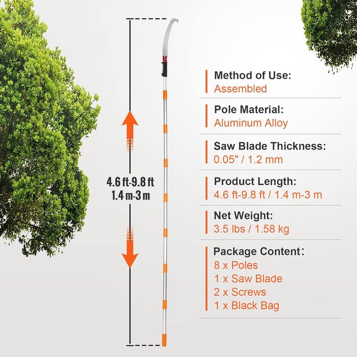 VEVOR Telescoping Tree Saw Manual Tree Saw 1.4-3m Adjustable High-Reach Pruner with 8 Poles Branch Shear Telescoping Blade Made of Carbon Steel Reach up to 298cm for Cutting Branches, Bushes, and Trunks