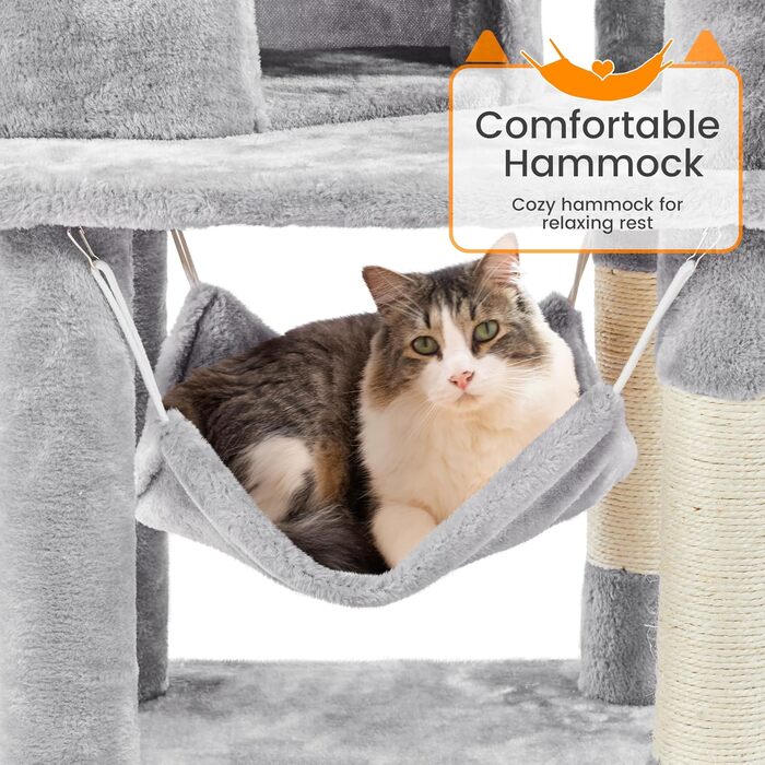 Кігтеточка Yaheetech XXL для котів, 175 см, для 3-4 котів, стабільна, з сизалевими стовпчиками, платформами, гамаком, м'ячиком, сірий колір