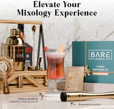 Набір бармена для приготування коктейлів, 12 предметів: шейкер, інструменти, підставка, рецепти. Преміум якість, подарунковий набір для дому (Золотий, 680 мл)