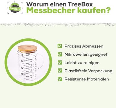 TreeBox Premium Measuring Cup 1l - Glass Measuring Cup - Robust and Heat-Resistant Measuring Cup Set made of Borosilicate Glass with Bamboo Lid - Microwave Safe - Perfect for Baking, Cooking, and Mixing