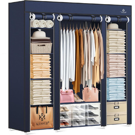 KESSER® Wardrobe Clothes Closet Stable with Clothes Rail & Shelves, Incl. 5x Clothes Hangers, Fabric Folding Closet for Bedroom, Dressing Room Wardrobe with Clothes Rack 150x45x175cm (Navy Blue)