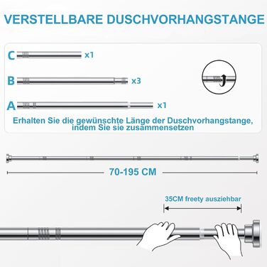 Штанга для душу без свердління з нержавіючої сталі, телескопічна, регульована, 70-195 см, для ванної кімнати, вікна, шафи, срібна
