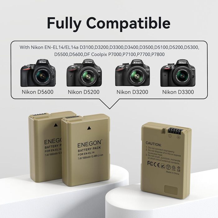 Запасний акумулятор ENEGON EN-EL14/EL14a (2 шт.) та смарт-LED зарядний пристрій Dual USB для Nikon DSLR D3100, D3200, D3300, D3400, D3500, D5100, D5200, D5300, D5500, D5600, DF, Coolpix P7000, P7100, P7700, P7800 (2 акумулятори + зарядний пристрій)