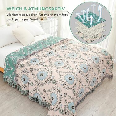 HOORDRY Reversible Boho Daybed Cover with Tassels, 230x250CM, 100% Cotton Woven Throw Blanket, Couch Throw, Living Room Throw, Reversible Throw, Cozy Blanket, Sofa Blanket, Armchair Blanket with Pattern, Sunflowers, Green/Beige Sunflower 230×250CM