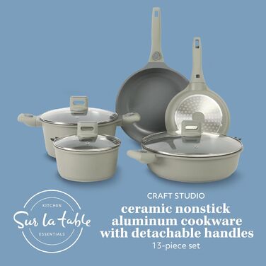 Набір кухонного посуду Sur La Table Kitchen Essentials 13 предметів, керамічне покриття, антипригарне, для індукційних плит, знімний ручка, зелений мох
