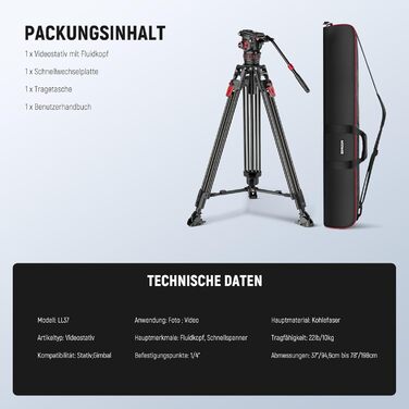 NEEWER Штатив відео професійний 74' з Fluid-головкою, сумісний з DJI RS, для DSLR, максимальне навантаження 8кг (LL37)