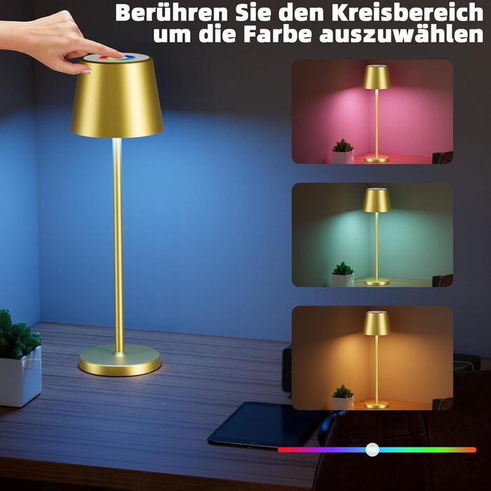 Keepoo LED настільна лампа бездротова диммувана акумуляторна, тепле світло 3000K+RGB, водонепроникна (IP54), для дому та вулиці (ресторан, спальня, бар), алюміній, сріга-сірий та золотий (2 шт.)